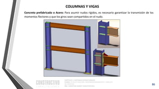 CAPÍTULO 1: SISTEMAS ESTRUCTURALES
CURSO: ESTRUCTURACIÓN, PREDIMENSIONAMIENTO Y ANÁLISIS
DE EDIFICIOS
ING. CHRISTIAN ASMAT GARAYCOCHEA
86
Concreto prefabricado o Acero: Para asumir nudos rígidos, es necesario garantizar la transmisión de los
momentos flectores y que los giros sean compartidos en el nudo.
COLUMNAS Y VIGAS
 