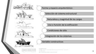INTRODUCCIÓN
CURSO: ESTRUCTURACIÓN, PREDIMENSIONAMIENTO Y ANÁLISIS
DE EDIFICIOS
ING. CHRISTIAN ASMAT GARAYCOCHEA
Forma y espacio arquitectónico
Selección de sistema estructural
Naturaleza y magnitud de las cargas
Uso o función de la edificación
Condiciones de sitio
Integración de los sistemas
Variable constructivas
9
 