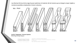CAPÍTULO 1: SISTEMAS ESTRUCTURALES
CURSO: ESTRUCTURACIÓN, PREDIMENSIONAMIENTO Y ANÁLISIS
DE EDIFICIOS
ING. CHRISTIAN ASMAT GARAYCOCHEA
90
Las diversas formas de las vigas buscan optimizar el material, de tal manera que se tenga la mayor rigidez y
resistencia posibles empleando el menor volumen.
FUENTE: Tragsysteme - Structure Systems.
Heino Engel & Ralph Rapson
 