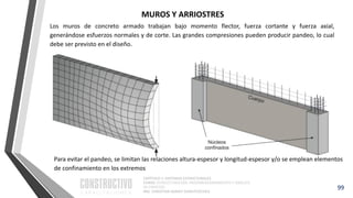 CAPÍTULO 1: SISTEMAS ESTRUCTURALES
CURSO: ESTRUCTURACIÓN, PREDIMENSIONAMIENTO Y ANÁLISIS
DE EDIFICIOS
ING. CHRISTIAN ASMAT GARAYCOCHEA
99
Los muros de concreto armado trabajan bajo momento flector, fuerza cortante y fuerza axial,
generándose esfuerzos normales y de corte. Las grandes compresiones pueden producir pandeo, lo cual
debe ser previsto en el diseño.
Para evitar el pandeo, se limitan las relaciones altura-espesor y longitud-espesor y/o se emplean elementos
de confinamiento en los extremos
MUROS Y ARRIOSTRES
 