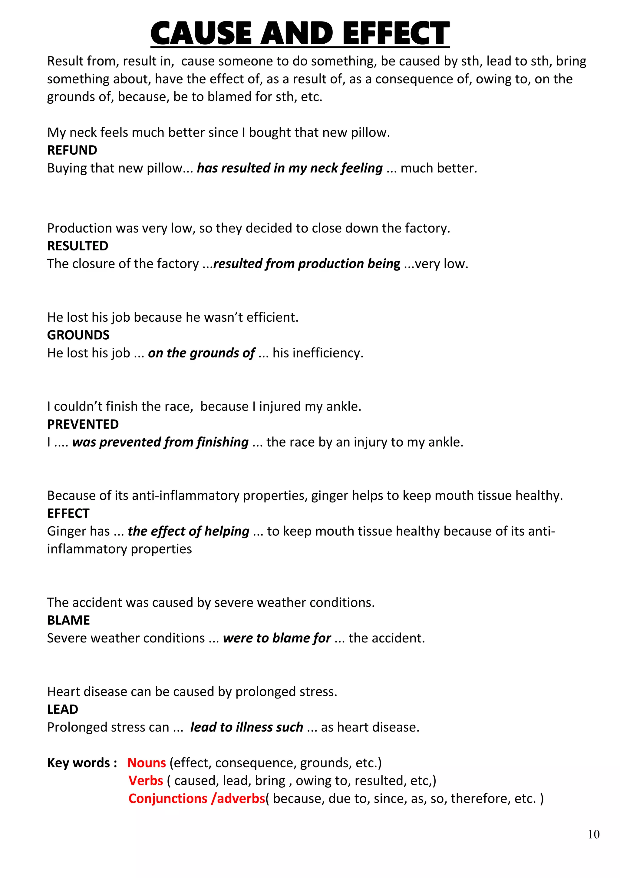 10
CAUSE AND EFFECT
Result from, result in, cause someone to do something, be caused by sth, lead to sth, bring
something about, have the effect of, as a result of, as a consequence of, owing to, on the
grounds of, because, be to blamed for sth, etc.
My neck feels much better since I bought that new pillow.
REFUND
Buying that new pillow... has resulted in my neck feeling ... much better.
Production was very low, so they decided to close down the factory.
RESULTED
The closure of the factory ...resulted from production being ...very low.
He lost his job because he wasn’t efficient.
GROUNDS
He lost his job ... on the grounds of ... his inefficiency.
I couldn’t finish the race, because I injured my ankle.
PREVENTED
I .... was prevented from finishing ... the race by an injury to my ankle.
Because of its anti-inflammatory properties, ginger helps to keep mouth tissue healthy.
EFFECT
Ginger has ... the effect of helping ... to keep mouth tissue healthy because of its anti-
inflammatory properties
The accident was caused by severe weather conditions.
BLAME
Severe weather conditions ... were to blame for ... the accident.
Heart disease can be caused by prolonged stress.
LEAD
Prolonged stress can ... lead to illness such ... as heart disease.
Key words : Nouns (effect, consequence, grounds, etc.)
Verbs ( caused, lead, bring , owing to, resulted, etc,)
Conjunctions /adverbs( because, due to, since, as, so, therefore, etc. )
 