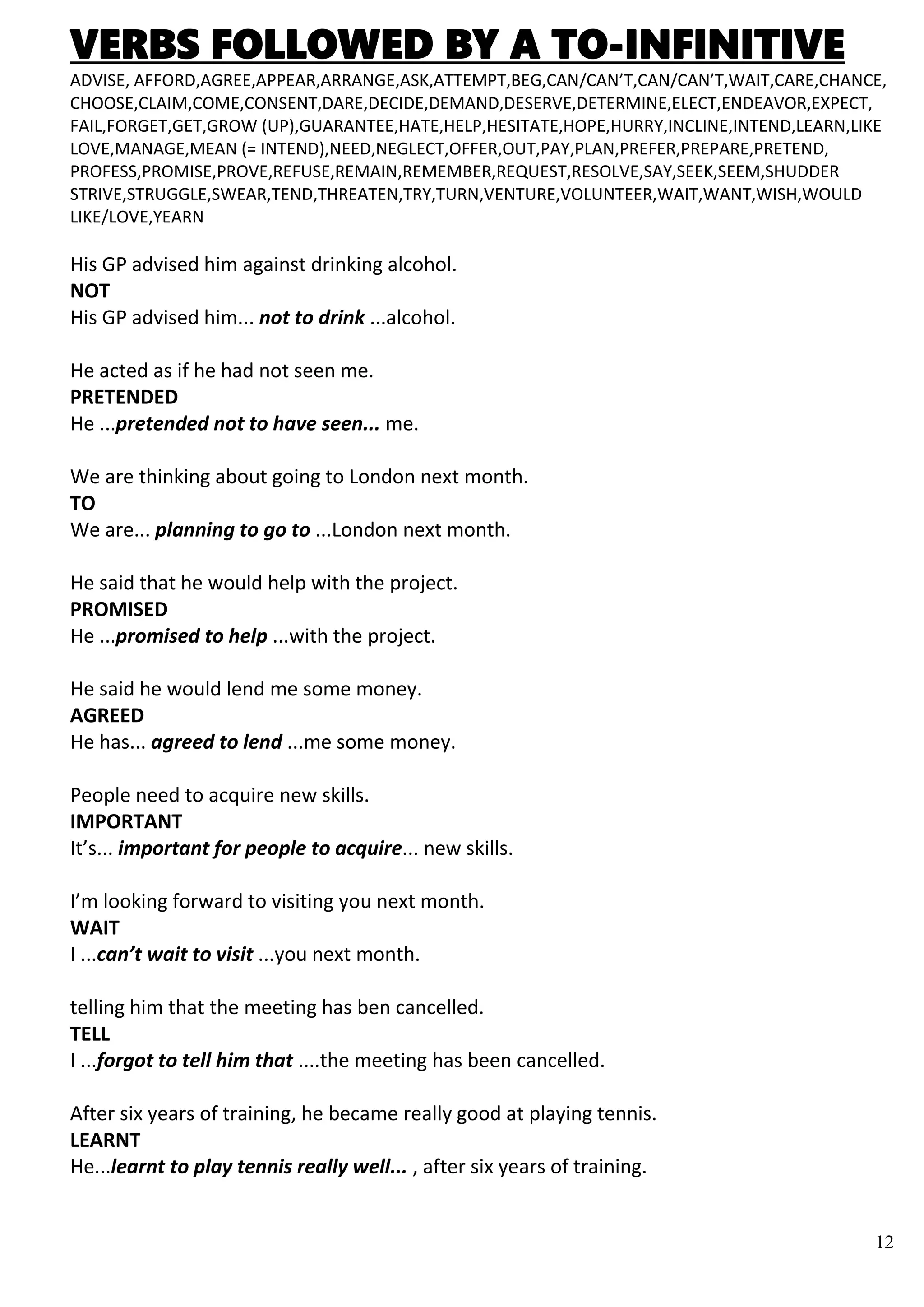 12
VERBS FOLLOWED BY A TO-INFINITIVE
ADVISE, AFFORD,AGREE,APPEAR,ARRANGE,ASK,ATTEMPT,BEG,CAN/CAN’T,CAN/CAN’T,WAIT,CARE,CHANCE,
CHOOSE,CLAIM,COME,CONSENT,DARE,DECIDE,DEMAND,DESERVE,DETERMINE,ELECT,ENDEAVOR,EXPECT,
FAIL,FORGET,GET,GROW (UP),GUARANTEE,HATE,HELP,HESITATE,HOPE,HURRY,INCLINE,INTEND,LEARN,LIKE
LOVE,MANAGE,MEAN (= INTEND),NEED,NEGLECT,OFFER,OUT,PAY,PLAN,PREFER,PREPARE,PRETEND,
PROFESS,PROMISE,PROVE,REFUSE,REMAIN,REMEMBER,REQUEST,RESOLVE,SAY,SEEK,SEEM,SHUDDER
STRIVE,STRUGGLE,SWEAR,TEND,THREATEN,TRY,TURN,VENTURE,VOLUNTEER,WAIT,WANT,WISH,WOULD
LIKE/LOVE,YEARN
His GP advised him against drinking alcohol.
NOT
His GP advised him... not to drink ...alcohol.
He acted as if he had not seen me.
PRETENDED
He ...pretended not to have seen... me.
We are thinking about going to London next month.
TO
We are... planning to go to ...London next month.
He said that he would help with the project.
PROMISED
He ...promised to help ...with the project.
He said he would lend me some money.
AGREED
He has... agreed to lend ...me some money.
People need to acquire new skills.
IMPORTANT
It’s... important for people to acquire... new skills.
I’m looking forward to visiting you next month.
WAIT
I ...can’t wait to visit ...you next month.
telling him that the meeting has ben cancelled.
TELL
I ...forgot to tell him that ....the meeting has been cancelled.
After six years of training, he became really good at playing tennis.
LEARNT
He...learnt to play tennis really well... , after six years of training.
 