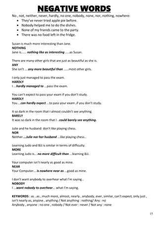 15
NEGATIVE WORDS
No , not, neither, never, hardly, no one, nobody, none, nor, nothing, nowhere:
 They’ve never tried apple pie before.
 Nobody helped me to do the dishes.
 None of my friends came to the party.
 There was no food left in the fridge.
Susan is much more interesting than Jane.
NOTHING
Jane is...... nothing like as interesting .....as Susan.
There are many other girls that are just as beautiful as she is.
ANY
She isn’t ....any more beautiful than ......most other girls.
I only just managed to pass the exam.
HARDLY
I ...hardly managed to ...pass the exam.
You can’t expect to pass your exam if you don’t study.
HARDLY
You ...can hardly expect ...to pass your exam ,if you don’t study.
It so dark in the room that I almost couldn't see anything.
BARELY
It was so dark in the room that I ..could barely see anything.
Julie and he husband don't like playing chess.
NOR
Neither ...Julie nor her husband ...like playing chess..
Learning Judo and BJJ is similar in terms of difficulty.
MORE
Learning Judo is... no more difficult than ...learning BJJ.
Your computer isn’t nearly as good as mine.
NEAR
Your Computer... is nowhere near as ...good as mine.
I don’t want anybody to overhear what I’m saying..
NOBODY
I ...want nobody to overhear... what I’m saying.
KEYWORDS : as ..as , much more, almost, nearly , anybody, ever, similar, can’t expect, only just ,
isn’t nearly as, anyone , anything / Not anything : nothing/ Any : no
Anybody , anyone : no one , nobody / Not ever : never / Not any : none
 