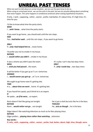 18
UNREAL PAST TENSES
When we want to talk about an unreal situation , we can use the past tense to do so.
When using an unreal past tense , we use the verb in the past, but we are actually talking about something
that never happen. The same happens in conditional sentences when stating hypothetical situations.
if only , I wish , supposing , rather , sooner , prefer, had better, It’s about time, It’s high time, it’s
time for you.
I’d like to know what time the party starts.
WISH
I ...wish I knew ...what time the party starts.
If you want to go home , you should wait until the rain stops.
HAD
You...had better wait ...until the rain stops , if you want to go home.
ONLY
If...only I had helped him to ...move home.
I’d prefer you not to smoke in my house.
RATHER
I...would rather you didn’t ...smoke in my house.
It was a shame you didn’t pass the exam. It’s a pity I can’t stay two days more.
WISH ONLY
I...wish you had passed ...the exam. If...only I could stay ...two days more.
It will be better if you get up at 7 a.m. tomorrow.
SOONER
I... would sooner you got up ...at 7 a.m. tomorrow.
We ought to go home now.It’s getting late.
TIME
It is ... about time we went ...home. It’s getting late.
If you heard him speak, you’d think he is an expert.
IF
He spoke ...as if he were... an expert.
Kevin doesn't feel like going out tonight. He is just a clerk but acts like he is the boss.
RATHER THOUGH
Kevin... would rather not go... out tonight. He...acts as though ...he is the boss
Edgar doesn't like watching television as much as he likes playing chess.
RATHER
Edgar prefers... playing chess rather than watching ...television.
Key words :
If, only , wish , supposing , rather , sooner , prefer, had, better, about, high, time, though, were.
 