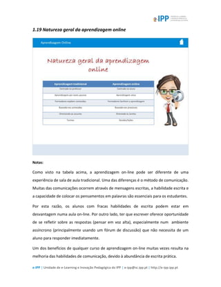 e-IPP | Unidade de e-Learning e Inovação Pedagógica do IPP | e-ipp@sc.ipp.pt | http://e-ipp.ipp.pt
1.19 Natureza geral da aprendizagem online
Notas:
Como visto na tabela acima, a aprendizagem on-line pode ser diferente de uma
experiência de sala de aula tradicional. Uma das diferenças é o método de comunicação.
Muitas das comunicações ocorrem através de mensagens escritas, a habilidade escrita e
a capacidade de colocar os pensamentos em palavras são essenciais para os estudantes.
Por esta razão, os alunos com fracas habilidades de escrita podem estar em
desvantagem numa aula on-line. Por outro lado, ter que escrever oferece oportunidade
de se refletir sobre as respostas (pensar em voz alta), especialmente num ambiente
assíncrono (principalmente usando um fórum de discussão) que não necessita de um
aluno para responder imediatamente.
Um dos benefícios de qualquer curso de aprendizagem on-line muitas vezes resulta na
melhoria das habilidades de comunicação, devido à abundância de escrita prática.
 