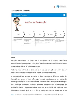 e-IPP | Unidade de e-Learning e Inovação Pedagógica do IPP | e-ipp@sc.ipp.pt | http://e-ipp.ipp.pt
1.22 Modos de Formação
Notas:
Preparar profissionais não acaba com a transmissão do Know-how (saber-fazer)
profissional, mas inclui também a sua preparação mínima para o ingresso no mundo de
trabalho e não apenas no mundo da profissão.
Cada vez mais é importante balancear os modos de formação no sentido de dar
resposta às expectativas dos estudantes e às necessidades do mercado.
A compreensão do contexto formativo irá ditar a seleção de diferentes modos de
formação que podem ir desde a formação em sala, mais tradicional sem recurso às
tecnologias, à seleção de uma formação dita presencial com a utilização das tecnologias
para enriquecer o ambiente formativo, o formato blended-learning, ou seja misto, em
que há claramente a preparação de aulas online que serão completadas e apoiadas com
formação presencial, ainda o caso das formações em que as sessões decorrem
 
