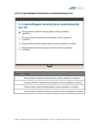 e-IPP | Unidade de e-Learning e Inovação Pedagógica do IPP | e-ipp@sc.ipp.pt | http://e-ipp.ipp.pt
1.41 6. A aprendizagem caracteriza-se essencialmente por ser:
Correto Escolha
X Pessoal, dinâmico, ideia de mudança, global, contínuo, gradativo, cumulativo
Em grupo, dinâmico, suportado em tecnologias, contínuo, gradativo, cumulativo
Pessoal, estático, ideia de evolução, global, contínuo, gradativo, cumulativo
Pessoal, dinâmico, ideia de mudança, circunscrito, contínuo, gradativo, cumulativo
 