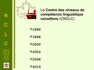 N
C
L
C
CNCLC
200, rue Elgin
Pièce 803
Ottawa ON
Canada
K2P1L5
1-613-230-
7729
 
Le Centre des niveaux de
compétence linguistique
canadiens (CNCLC)
1996
1998
2000
2002
2006
2010
 