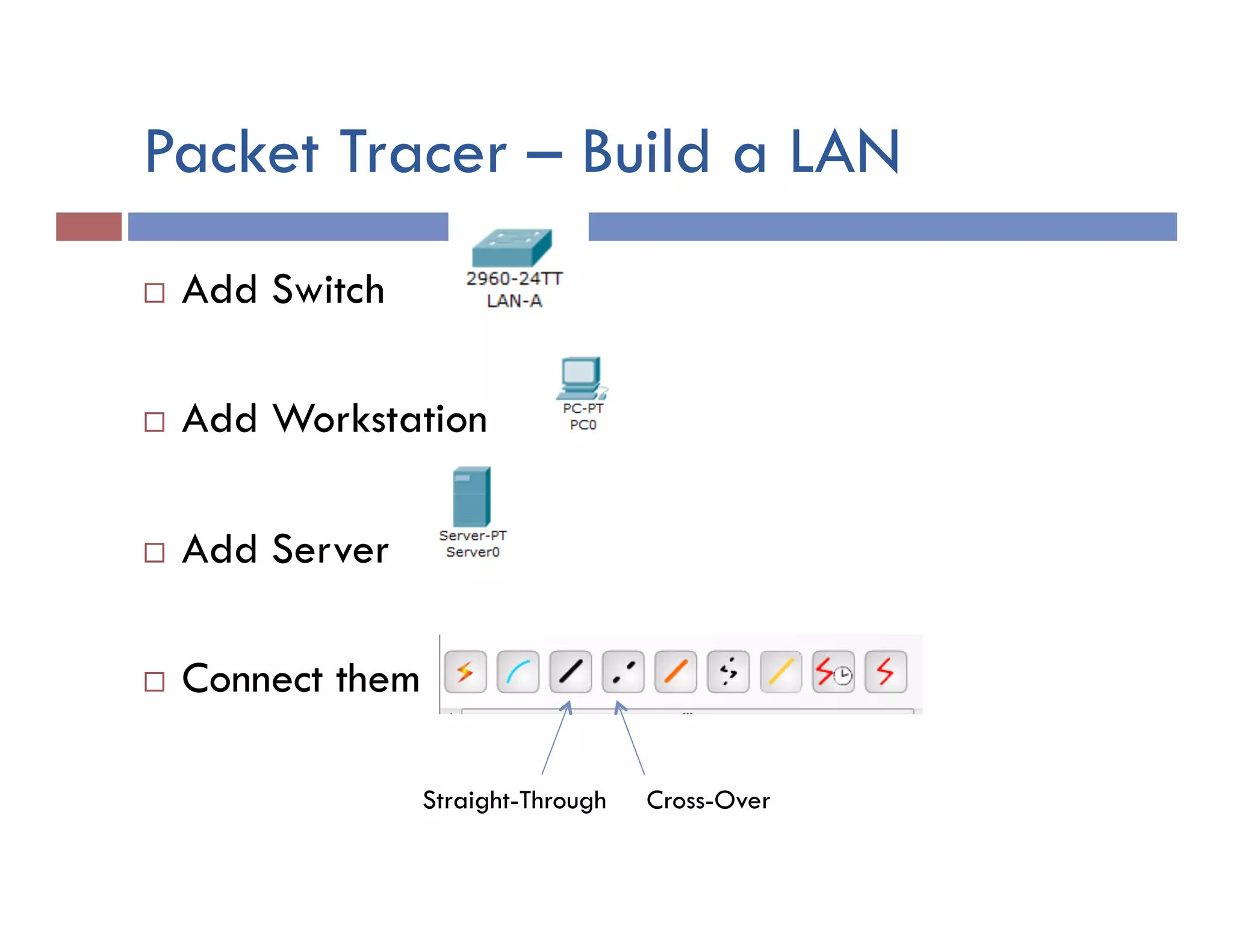 Packet Tracer – Build a LAN
¨  Add Switch
¨  Add Workstation
¨  Add Server
¨  Connect them
Straight-Through Cross-Over
 