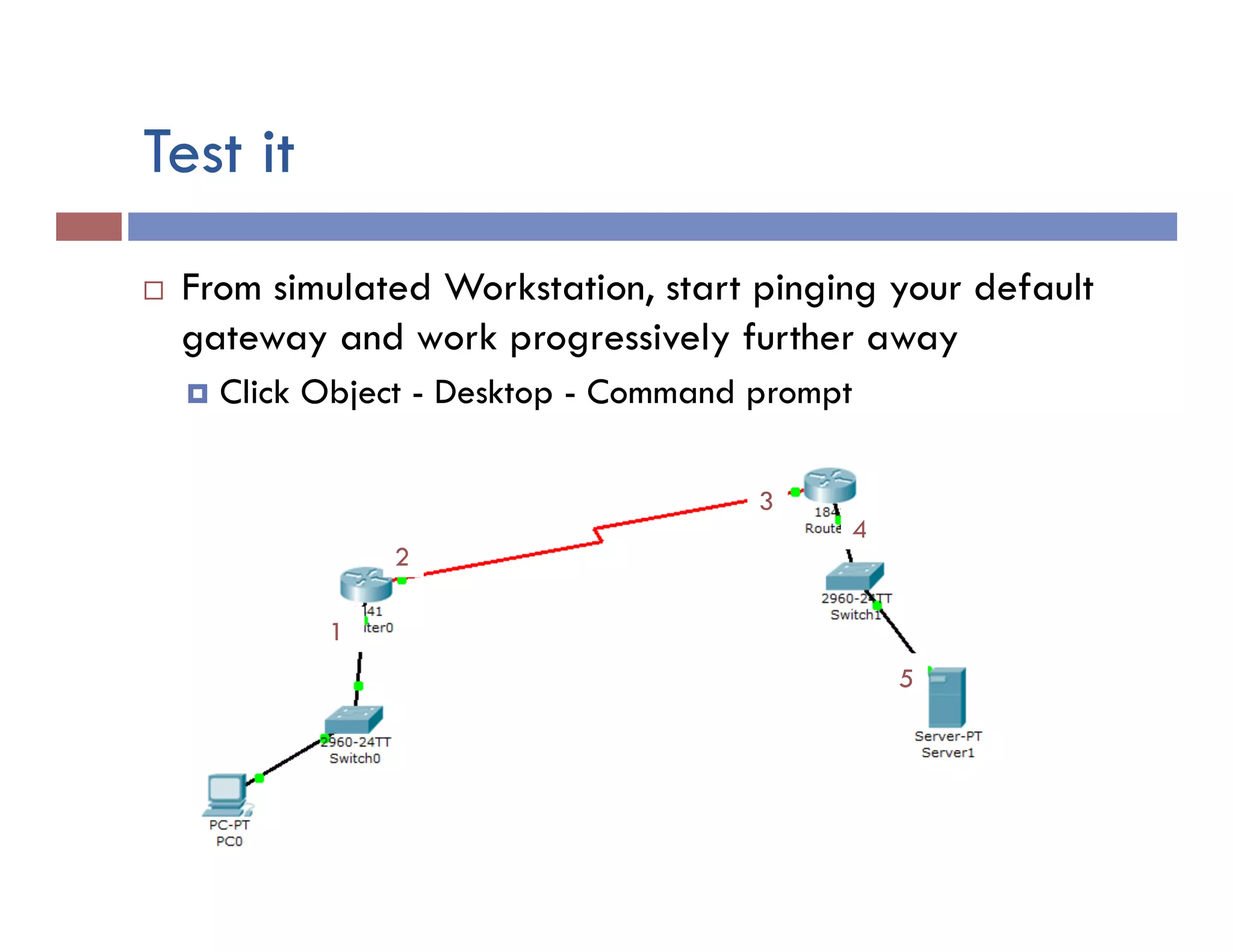 Test it
¨  From simulated Workstation, start pinging your default
gateway and work progressively further away
¤  Click Object - Desktop - Command prompt
1
2
3
4
5
 