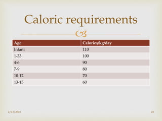 
Age Calories/kg/day
Infant 110
1-33 100
4-6 90
7-9 80
10-12 70
13-15 60
2/13/2023 23
Caloric requirements
 