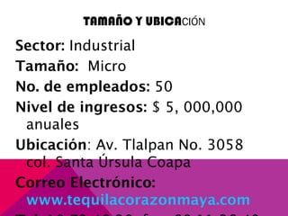 TAMAÑO Y UBICACIÓN
Sector: Industrial
Tamaño: Micro
No. de empleados: 50
Nivel de ingresos: $ 5, 000,000
anuales
Ubicación: Av. Tlalpan No. 3058
col. Santa Úrsula Coapa
Correo Electrónico:
www.tequilacorazonmaya.com
 