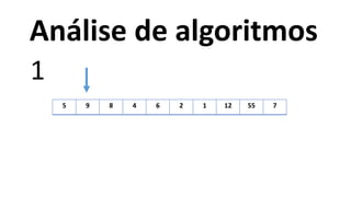 5 9 8 4 6 2 1 12 55 7
1
Análise de algoritmos
 