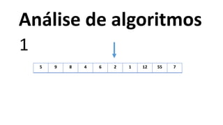 5 9 8 4 6 2 1 12 55 7
1
Análise de algoritmos
 