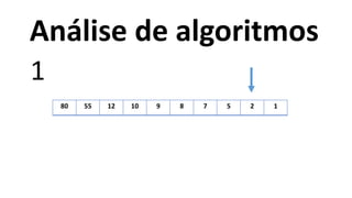 80 55 12 10 9 8 7 5 2 1
1
Análise de algoritmos
 