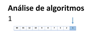 80 55 12 10 9 8 7 5 2 1
1
Análise de algoritmos
 