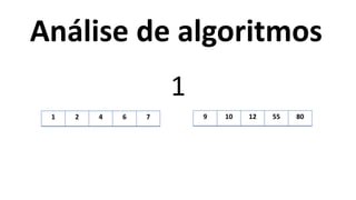 1 2 4 6 7
1
Análise de algoritmos
9 10 12 55 80
 