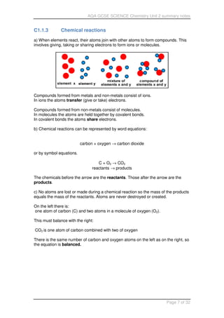 C1.1.3 Chemical
a) When elements react, their
involves giving, taking or sharing
Compounds formed from metals
In ions the atoms transfer
Compounds formed from non
In molecules the atoms are
In covalent bonds the atoms
b) Chemical reactions can
carbon
or by symbol equations.
The chemicals before the
products.
c) No atoms are lost or made
equals the mass of the reactants.
On the left there is:
one atom of carbon (C) and
This must balance with the
CO2 is one atom of carbon
There is the same number
the equation is balanced.
AQA GCSE SCIENCE Chemistry Unit 2 summary notes
Chemical reactions
their atoms join with other atoms to form compounds.
sharing electrons to form ions or molecules.
metals and non-metals consist of ions.
transfer (give or take) electrons.
non-metals consist of molecules.
are held together by covalent bonds.
atoms share electrons.
can be represented by word equations:
carbon + oxygen → carbon dioxide
C + O2 → CO2
reactants → products
arrow are the reactants. Those after the arrow
made during a chemical reaction so the mass of
reactants. Atoms are never destroyed or created.
and two atoms in a molecule of oxygen (O2).
the right:
carbon combined with two of oxygen
is the same number of carbon and oxygen atoms on the left as on
balanced.
AQA GCSE SCIENCE Chemistry Unit 2 summary notes
Page 7 of 32
compounds. This
arrow are the
of the products
created.
on the right, so
 