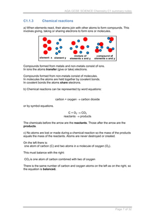 AQA GCSE SCIENCE Chemistry C1 summary notes
Page 7 of 32
C1.1.3 Chemical reactions
a) When elements react, their atoms join with other atoms to form compounds. This
involves giving, taking or sharing electrons to form ions or molecules.
Compounds formed from metals and non-metals consist of ions.
In ions the atoms transfer (give or take) electrons.
Compounds formed from non-metals consist of molecules.
In molecules the atoms are held together by covalent bonds.
In covalent bonds the atoms share electrons.
b) Chemical reactions can be represented by word equations:
carbon + oxygen  carbon dioxide
or by symbol equations.
C + O2  CO2
reactants  products
The chemicals before the arrow are the reactants. Those after the arrow are the
products.
c) No atoms are lost or made during a chemical reaction so the mass of the products
equals the mass of the reactants. Atoms are never destroyed or created.
On the left there is:
one atom of carbon (C) and two atoms in a molecule of oxygen (O2).
This must balance with the right:
CO2 is one atom of carbon combined with two of oxygen
There is the same number of carbon and oxygen atoms on the left as on the right, so
the equation is balanced.
 