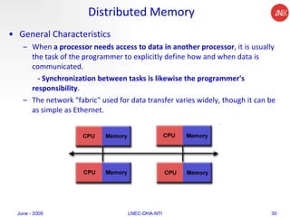 Distributed Memory General Characteristics When  a   processor needs access to data in another processor , it is usually the task of the programmer to explicitly define how and when data is communicated. - Synchronization between tasks is likewise the programmer's responsibility .  The network "fabric" used for data transfer varies widely, though it can be as simple as Ethernet.  June - 2009 LNEC-DHA-NTI 