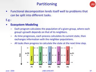 Partitioning Functional decomposition lends itself well to problems that can be split into different tasks.  E.g.:  Ecosystem Modeling   Each program calculates the population of a given group, where each group's growth depends on that of its neighbors.  As time progresses, each process calculates its current state, then exchanges information with the neighbor populations.  All tasks then progress to calculate the state at the next time step.  June - 2009 LNEC-DHA-NTI 