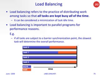 Load Balancing Load balancing refers to the practice of distributing work among tasks so that  all  tasks are kept busy  all  of the time .  It can be considered a minimization of task idle time.  Load balancing is important to parallel programs for performance reasons.  E.g. if all tasks are subject to a barrier synchronization point, the slowest task will determine the overall performance.  June - 2009 LNEC-DHA-NTI 