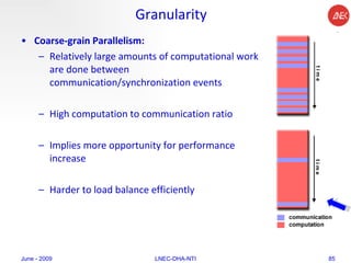 Granularity Coarse-grain Parallelism:  Relatively large amounts of computational work are done between communication/synchronization events  High computation to communication ratio  Implies more opportunity for performance increase  Harder to load balance efficiently  June - 2009 LNEC-DHA-NTI 