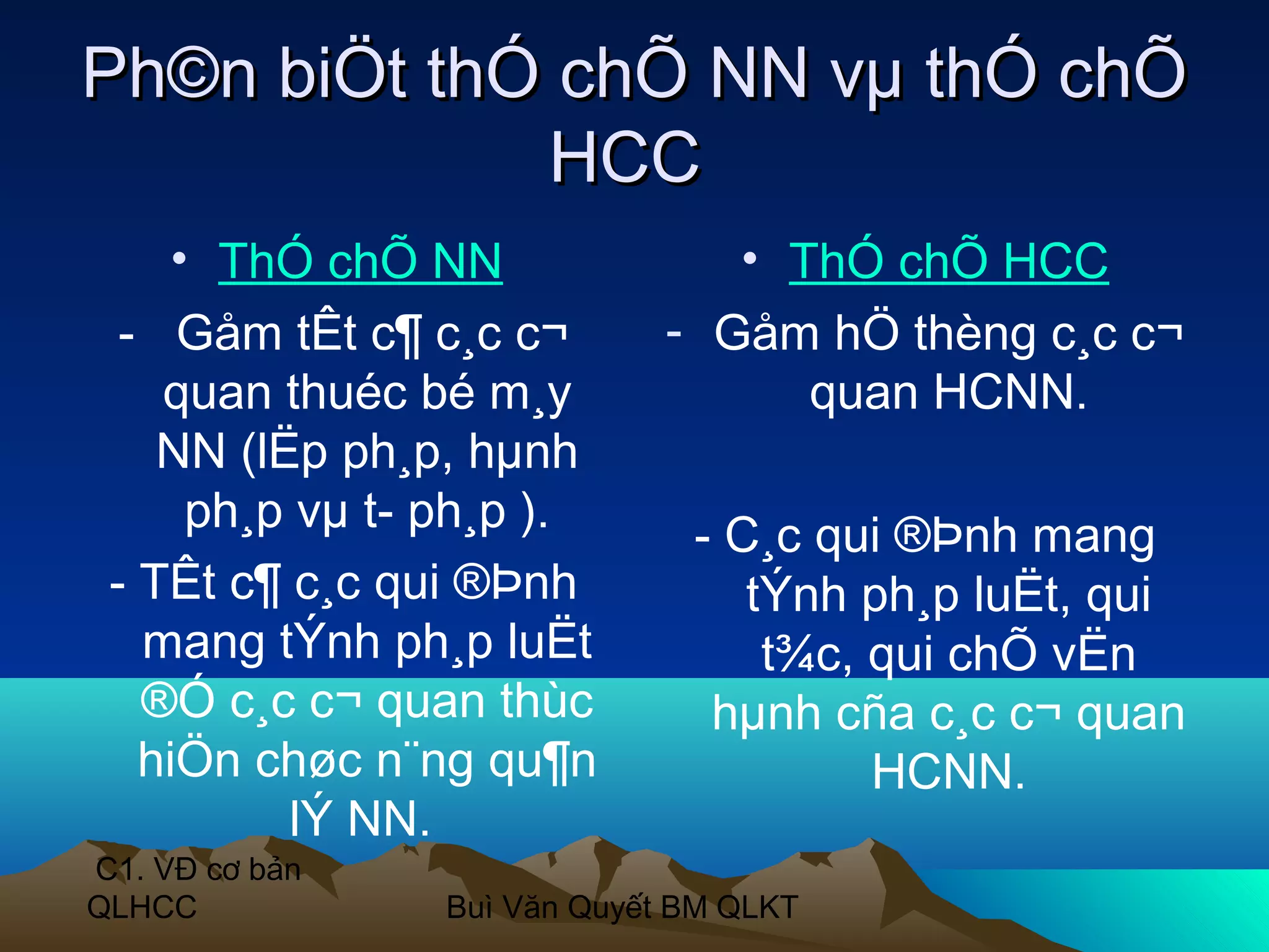 Ph©n biÖt thÓ chÕ NN vµ thÓ chÕ
             HCC
     • ThÓ chÕ NN               • ThÓ chÕ HCC
  - Gåm tÊt c¶ c¸c c¬        - Gåm hÖ thèng c¸c c¬
    quan thuéc bé m¸y              quan HCNN.
    NN (lËp ph¸p, hµnh
      ph¸p vµ t­ ph¸p ).      - C¸c qui ®Þnh mang
 - TÊt c¶ c¸c qui ®Þnh           tÝnh ph¸p luËt, qui
   mang tÝnh ph¸p luËt            t¾c, qui chÕ vËn
   ®Ó c¸c c¬ quan thùc         hµnh cña c¸c c¬ quan
   hiÖn chøc n¨ng qu¶n                 HCNN.
          lÝ NN.
C1. VĐ cơ bản
QLHCC           Buì Văn Quyết BM QLKT
 