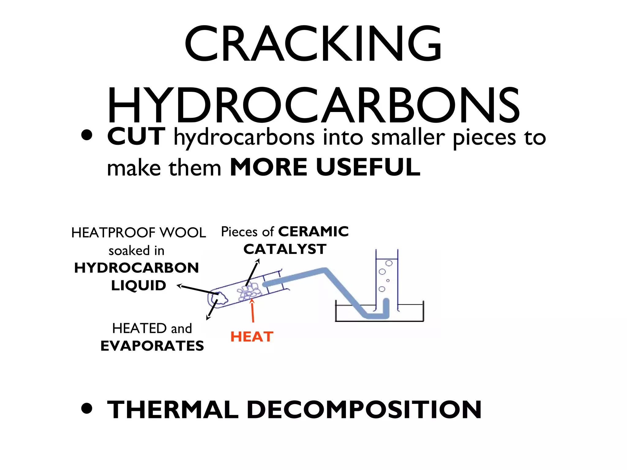 CRACKING
HYDROCARBONS
• CUT hydrocarbons into smaller pieces to
make them MORE USEFUL
• THERMAL DECOMPOSITION
HEATPROOF WOOL
soaked in
HYDROCARBON
LIQUID
Pieces of CERAMIC
CATALYST
HEAT
HEATED and
EVAPORATES
 