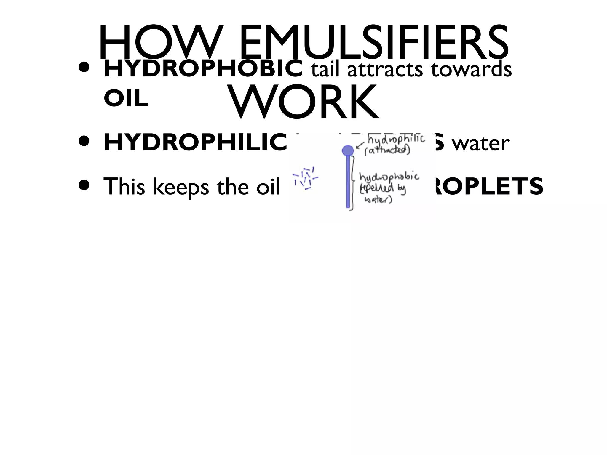 HOW EMULSIFIERS
WORK
• HYDROPHOBIC tail attracts towards
OIL
• HYDROPHILIC head REPELS water
• This keeps the oil droplets as DROPLETS
 