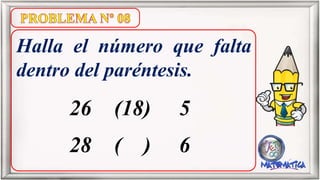 Halla el número que falta
dentro del paréntesis.
26 (18) 5
28 ( ) 6
 