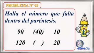 Halla el número que falta
dentro del paréntesis.
90 (40) 10
120 ( ) 20
 