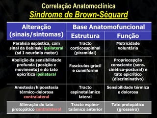 Alteração (sinais/sintomas) 
Base Anatomofuncional 
Estrutura 
Função 
Paralisia espástica, com sinal da Babinski ipsilateral (sd I neurônio motor) 
Tracto corticoespinhal (piramidal) 
Motricidade voluntária 
Abolição da sensibilidade profunda (posição e movimento) e do tato epicrítico ipsilateral 
Fascículos grácil e cuneiforme 
Propriocepção consciente (sens. cinético-postural) e tato epicrítico (discriminativo) 
Anestesia/hipoestesia térmico-dolorosa contralateral 
Tracto espinotalâmico lateral 
Sensibilidade térmica e dolorosa 
Alteração do tato protopático contralateral 
Tracto espino- talâmico anterior 
Tato protopático (grosseiro) 
Correlação Anatomoclínica Síndrome de Brown-Séquard  