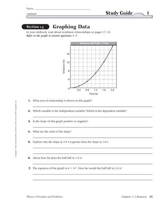 Name
                                                                                 continued                                                                            Study Guide                          1

                                                                                 Section 1.3            Graphing Data
                                                                                 In your textbook, read about nonlinear relationships on pages 17–18.
                                                                                 Refer to the graph to answer questions 1–7.

                                                                                                                                              Distance Ball Falls v. Time



                                                                                                                                   16



                                                                                                                    Distance (m)   12


                                                                                                                                   8


                                                                                                                                   4


                                                                                                                                    0
                                                                                                                                           0.4     0.8       1.2    1.6     2.0
                                                                                                                                                         Time (s)

                                                                                  1. What sort of relationship is shown in this graph?
Copyright © Glencoe/McGraw-Hill, a division of The McGraw-Hill Companies, Inc.




                                                                                  2. Which variable is the independent variable? Which is the dependent variable?


                                                                                  3. Is the slope of this graph positive or negative?


                                                                                  4. What are the units of the slope?


                                                                                  5. Explain why the slope at 2.0 s is greater than the slope at 1.0 s.




                                                                                  6. About how far does the ball fall in 1.8 s?


                                                                                  7. The equation of the graph is d                     5t 2. How far would the ball fall in 2.4 s?




                                                                                 Physics: Principles and Problems                                                                 Chapters 1–5 Resources       13
 