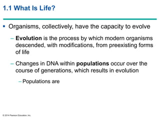 © 2014 Pearson Education, Inc.
1.1 What Is Life?
 Organisms, collectively, have the capacity to evolve
– Evolution is the process by which modern organisms
descended, with modifications, from preexisting forms
of life
– Changes in DNA within populations occur over the
course of generations, which results in evolution
– Populations are
 