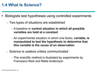 © 2014 Pearson Education, Inc.
1.4 What Is Science?
 Biologists test hypotheses using controlled experiments
– Two types of situations are established
– A baseline or control situation in which all possible
variables are held at a constant
– An experimental situation in which one factor, variable, is
manipulated to test the hypothesis to determine that
this variable is the cause of an observation
– Science is useless unless communicated
– The scientific method is illustrated by experiments by
Francesco Redi and Malte Andersson
 