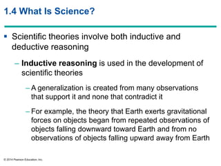 © 2014 Pearson Education, Inc.
1.4 What Is Science?
 Scientific theories involve both inductive and
deductive reasoning
– Inductive reasoning is used in the development of
scientific theories
– A generalization is created from many observations
that support it and none that contradict it
– For example, the theory that Earth exerts gravitational
forces on objects began from repeated observations of
objects falling downward toward Earth and from no
observations of objects falling upward away from Earth
 