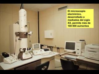 El microscopio
electrónico,
desarrollado a
mediados del siglo
XX, permite más de
100 000 aumentos
 