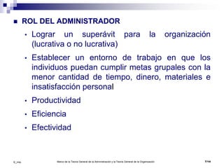 Marco de la Teoría General de la Administración y la Teoría General de la Organización 7/14©_mta
 ROL DEL ADMINISTRADOR
• Lograr un superávit para la organización
(lucrativa o no lucrativa)
• Establecer un entorno de trabajo en que los
individuos puedan cumplir metas grupales con la
menor cantidad de tiempo, dinero, materiales e
insatisfacción personal
• Productividad
• Eficiencia
• Efectividad
 