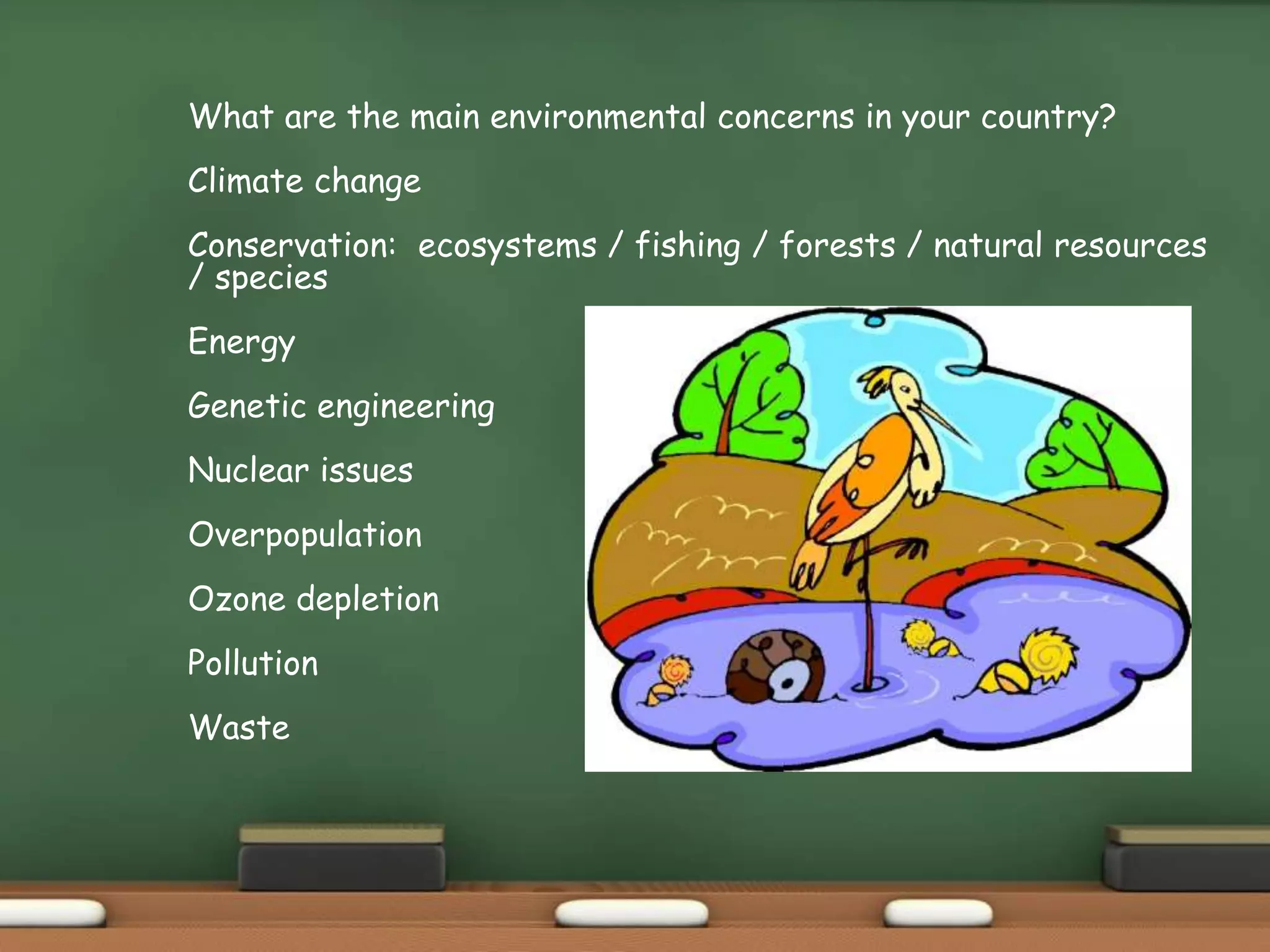 What are the main environmental concerns in your country?
Climate change
Conservation: ecosystems / fishing / forests / natural resources
/ species
Energy
Genetic engineering
Nuclear issues
Overpopulation
Ozone depletion
Pollution
Waste
 