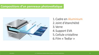 29/12/2014 LP : TECHNOLOGIES ÉNERGIES RENOUVELABLES ET EFFICACITÉ ÉNERGÉTIQUE 8
Compositions d’un panneaux photovoltaïque
1.Cadre en Aluminium
2.Joint d’étanchéité
3.Verre
4.Support EVA
5.Cellule cristalline
6.Film « Tedlar »
 