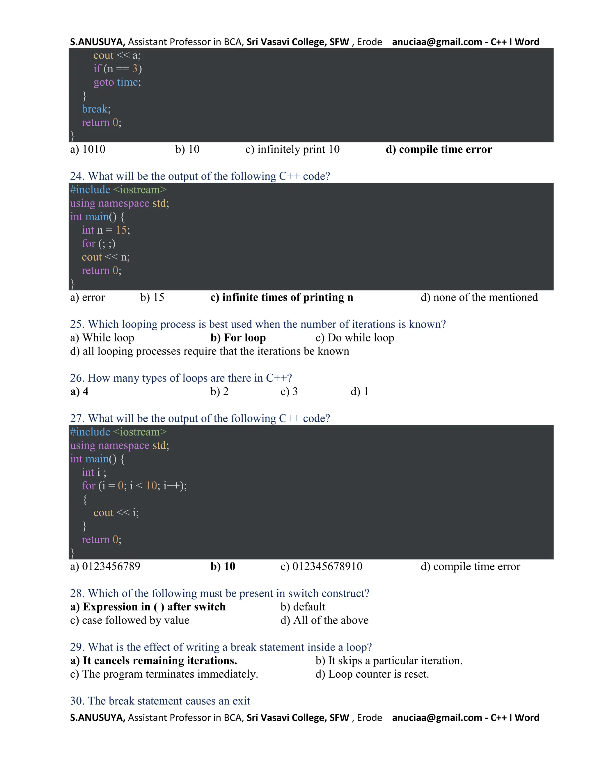 S.ANUSUYA, Assistant Professor in BCA, Sri Vasavi College, SFW , Erode anuciaa@gmail.com - C++ I Word
S.ANUSUYA, Assistant Professor in BCA, Sri Vasavi College, SFW , Erode anuciaa@gmail.com - C++ I Word
cout << a;
if (n == 3)
goto time;
}
break;
return 0;
}
a) 1010 b) 10 c) infinitely print 10 d) compile time error
24. What will be the output of the following C++ code?
#include <iostream>
using namespace std;
int main() {
int n = 15;
for (; ;)
cout << n;
return 0;
}
a) error b) 15 c) infinite times of printing n d) none of the mentioned
25. Which looping process is best used when the number of iterations is known?
a) While loop b) For loop c) Do while loop
d) all looping processes require that the iterations be known
26. How many types of loops are there in C++?
a) 4 b) 2 c) 3 d) 1
27. What will be the output of the following C++ code?
#include <iostream>
using namespace std;
int main() {
int i ;
for (i = 0; i < 10; i++);
{
cout << i;
}
return 0;
}
a) 0123456789 b) 10 c) 012345678910 d) compile time error
28. Which of the following must be present in switch construct?
a) Expression in ( ) after switch b) default
c) case followed by value d) All of the above
29. What is the effect of writing a break statement inside a loop?
a) It cancels remaining iterations. b) It skips a particular iteration.
c) The program terminates immediately. d) Loop counter is reset.
30. The break statement causes an exit
 