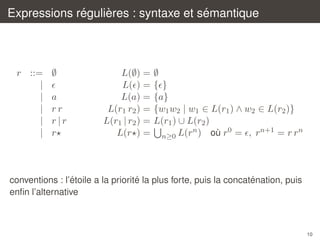 ´
`
´
Expressions regulieres : syntaxe et semantique

r ::=
|
|
|
|
|

∅
a
rr
r|r
r

L(∅) =
L( ) =
L(a) =
L(r1 r2 ) =
L(r1 | r2 ) =
L(r ) =

∅
{ }
{a}
{w1 w2 | w1 ∈ L(r1 ) ∧ w2 ∈ L(r2 )}
L(r1 ) ∪ L(r2 )
n
n+1 = r r n
` 0
n≥0 L(r ) ou r = , r

´
´
´
conventions : l’etoile a la priorite la plus forte, puis la concatenation, puis
enﬁn l’alternative

10

 