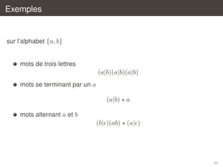 Exemples

sur l’alphabet {a, b}

mots de trois lettres

(a|b)(a|b)(a|b)
mots se terminant par un a

(a|b) a
mots alternant a et b

(b| )(ab) (a| )

11

 