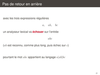 `
Pas de retour en arriere

´
`
avec les trois expressions regulieres

a,

ab,

bc

´
´
un analyseur lexical va echouer sur l’entree

abc
´
(ab est reconnu, comme plus long, puis echec sur c)

pourtant le mot abc appartient au langage a|ab|bc

21

 