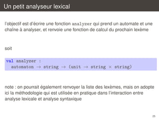 Un petit analyseur lexical
´
l’objectif est d’ecrire une fonction analyzer qui prend un automate et une
`
`
chaˆne a analyser, et renvoie une fonction de calcul du prochain lexeme
ı

soit

val analyzer :
automaton → string → (unit → string × string)

´
`
note : on pourrait egalement renvoyer la liste des lexemes, mais on adopte
´
´
ici la methodologie qui est utilisee en pratique dans l’interaction entre
analyse lexicale et analyse syntaxique

25

 