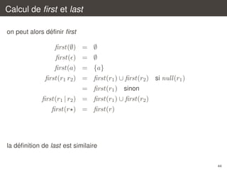 Calcul de ﬁrst et last
´
on peut alors deﬁnir ﬁrst

ﬁrst(∅) = ∅
ﬁrst( ) = ∅
ﬁrst(a) = {a}
ﬁrst(r1 r2 ) = ﬁrst(r1 ) ∪ ﬁrst(r2 ) si null (r1 )
= ﬁrst(r1 ) sinon
ﬁrst(r1 | r2 ) = ﬁrst(r1 ) ∪ ﬁrst(r2 )
ﬁrst(r ) = ﬁrst(r)

´
la deﬁnition de last est similaire
44

 