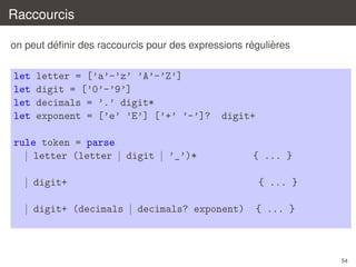 Raccourcis
´
´
`
on peut deﬁnir des raccourcis pour des expressions regulieres

let
let
let
let

letter = [’a’-’z’ ’A’-’Z’]
digit = [’0’-’9’]
decimals = ’.’ digit*
exponent = [’e’ ’E’] [’+’ ’-’]?

digit+

rule token = parse
| letter (letter | digit | ’_’)*

{ ... }

| digit+

{ ... }

| digit+ (decimals | decimals? exponent)

{ ... }

54

 