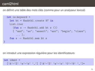 caml2html
´
´
on deﬁnit une table des mots cles (comme pour un analyseur lexical)

let is keyword =
let ht = Hashtbl.create 97 in
List.iter
(fun s → Hashtbl.add ht s ())
[ "and"; "as"; "assert"; "asr"; "begin"; "class";
... ];
fun s → Hashtbl.mem ht s
}

´
`
on introduit une expression reguliere pour les identiﬁcateurs

let ident =
[’A’-’Z’ ’a’-’z’ ’_’] [’A’-’Z’ ’a’-’z’ ’0’-’9’ ’_’]*
75

 