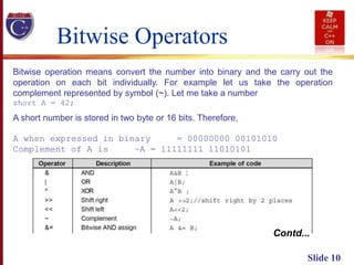 Bitwise Operators
Slide 10
Bitwise operation means convert the number into binary and the carry out the
operation on each bit individually. For example let us take the operation
complement represented by symbol (~). Let me take a number
short A = 42;
A short number is stored in two byte or 16 bits. Therefore,
A when expressed in binary = 00000000 00101010
Complement of A is ~A = 11111111 11010101
Contd...
 